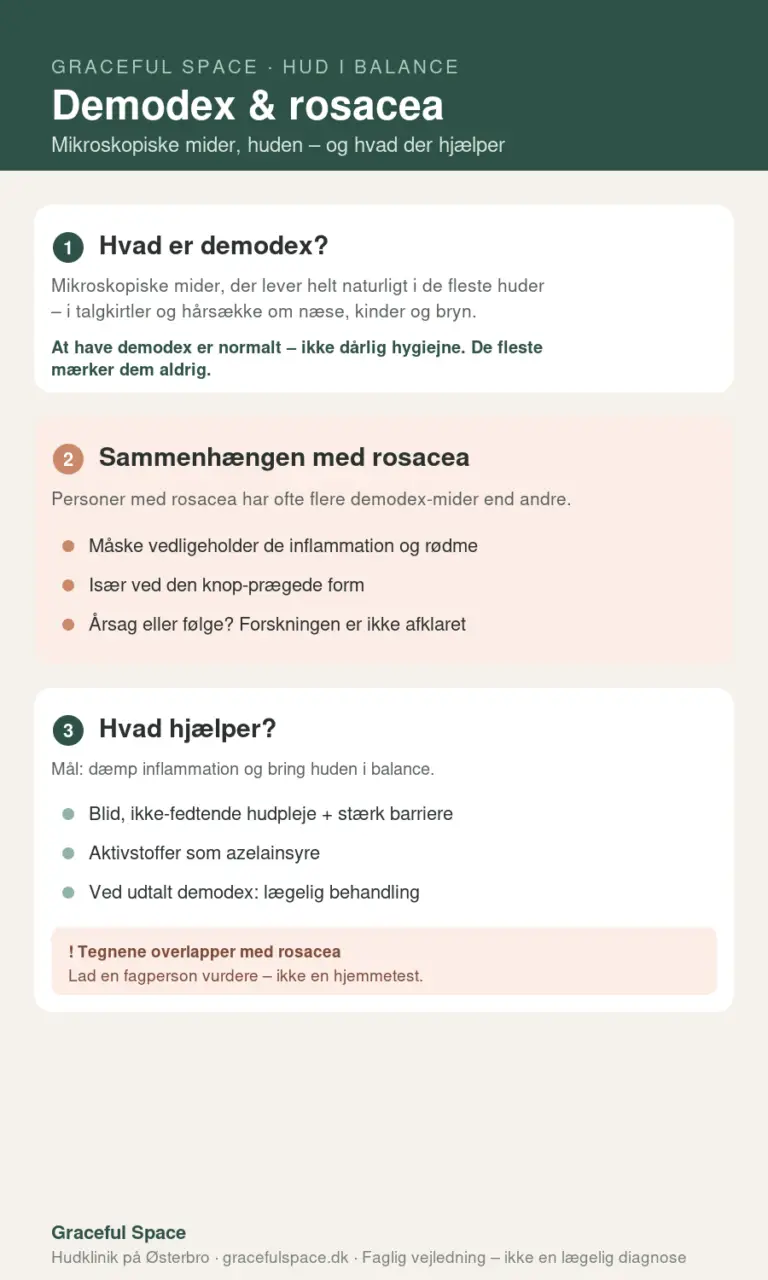 Infografik om demodex-mider og rosacea – hvad det er, og hvad der hjælper