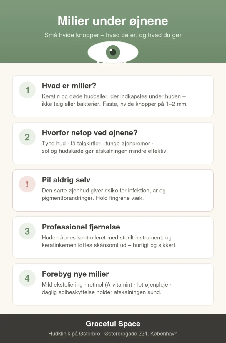 Infografik om milier under øjnene – hvad de er, hvorfor de opstår, og hvordan de fjernes hos Graceful Space på Østerbro